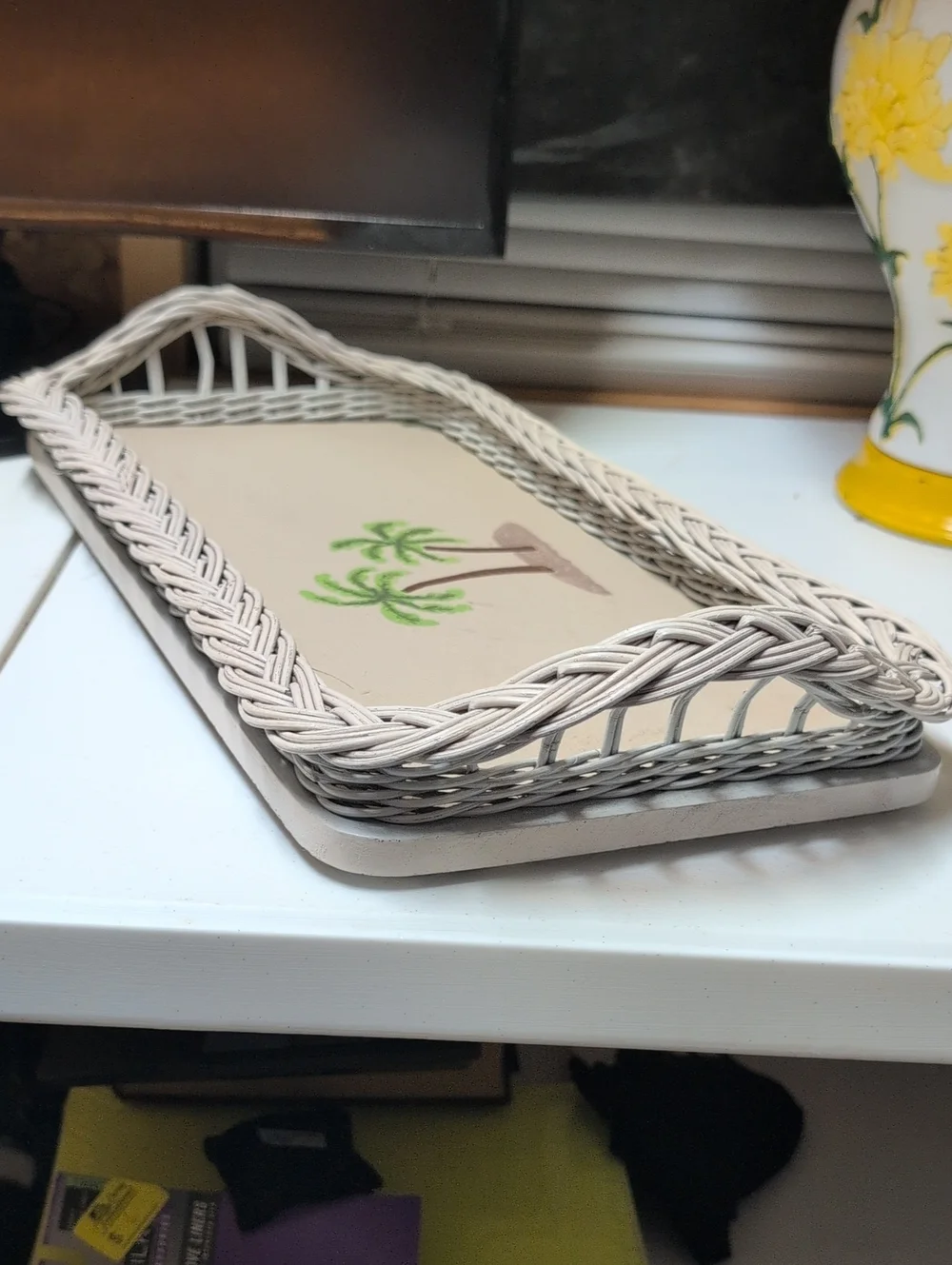 Vintage Coastal Palm-Print Beige Wicker Cocktail ServingTray